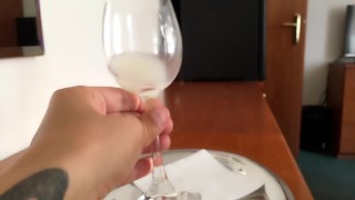 Cumdump drinks many loads of used condoms – cum cocktail – glass of cum